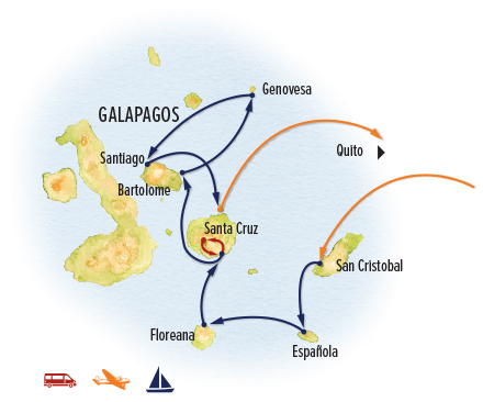 Itinerary map for Galapagos eastern